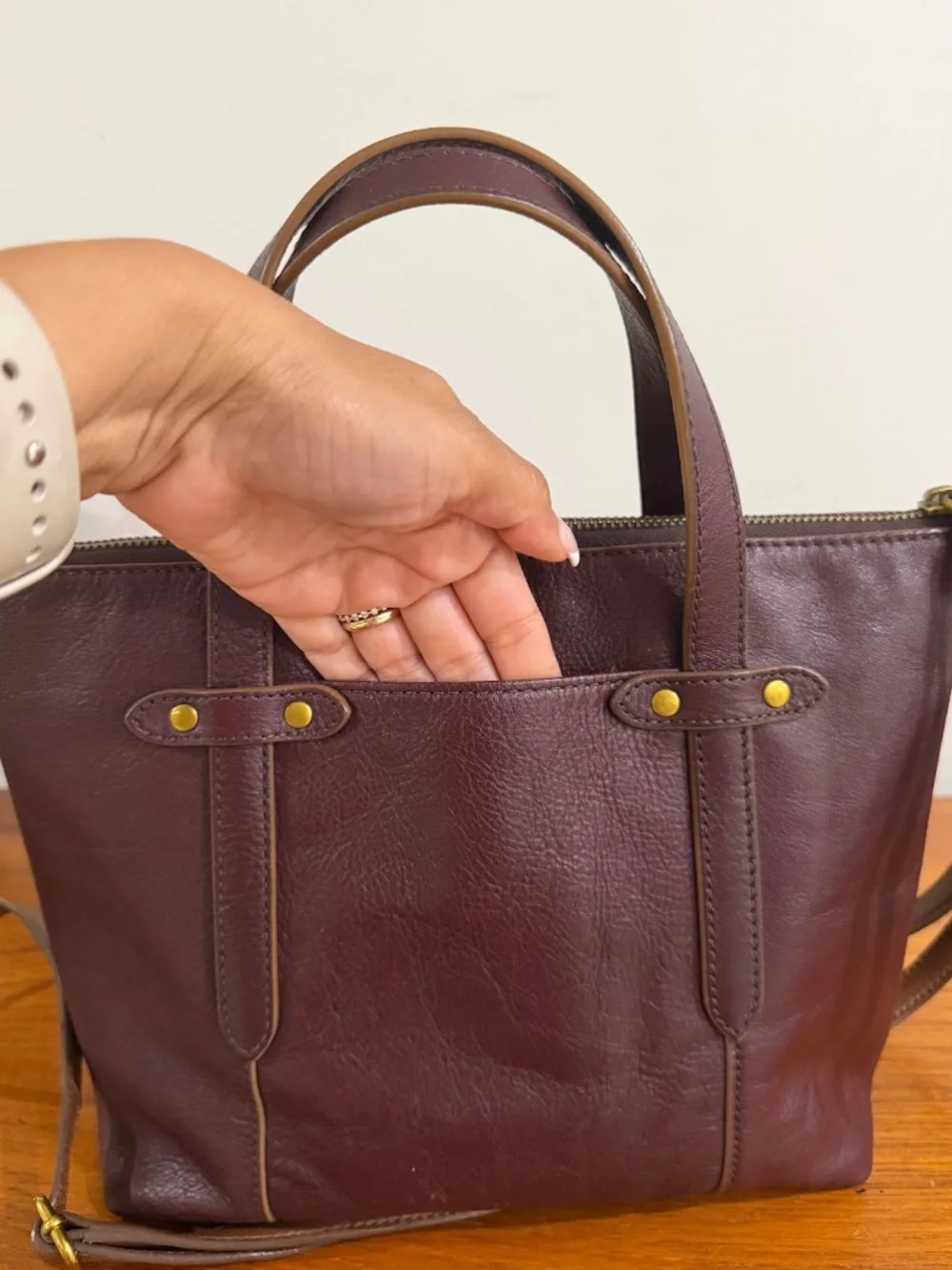 Fossil Felicity Bordeaux Leather Satchel Tote Bag Purse